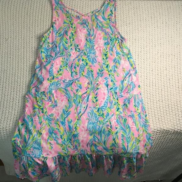 LILLY  PULITZER KRISTEN FLOUNCE RUFFLE BOTTOM SOFT DRESS, SIZE SMALL PINK/BLUE - Picture 1 of 5